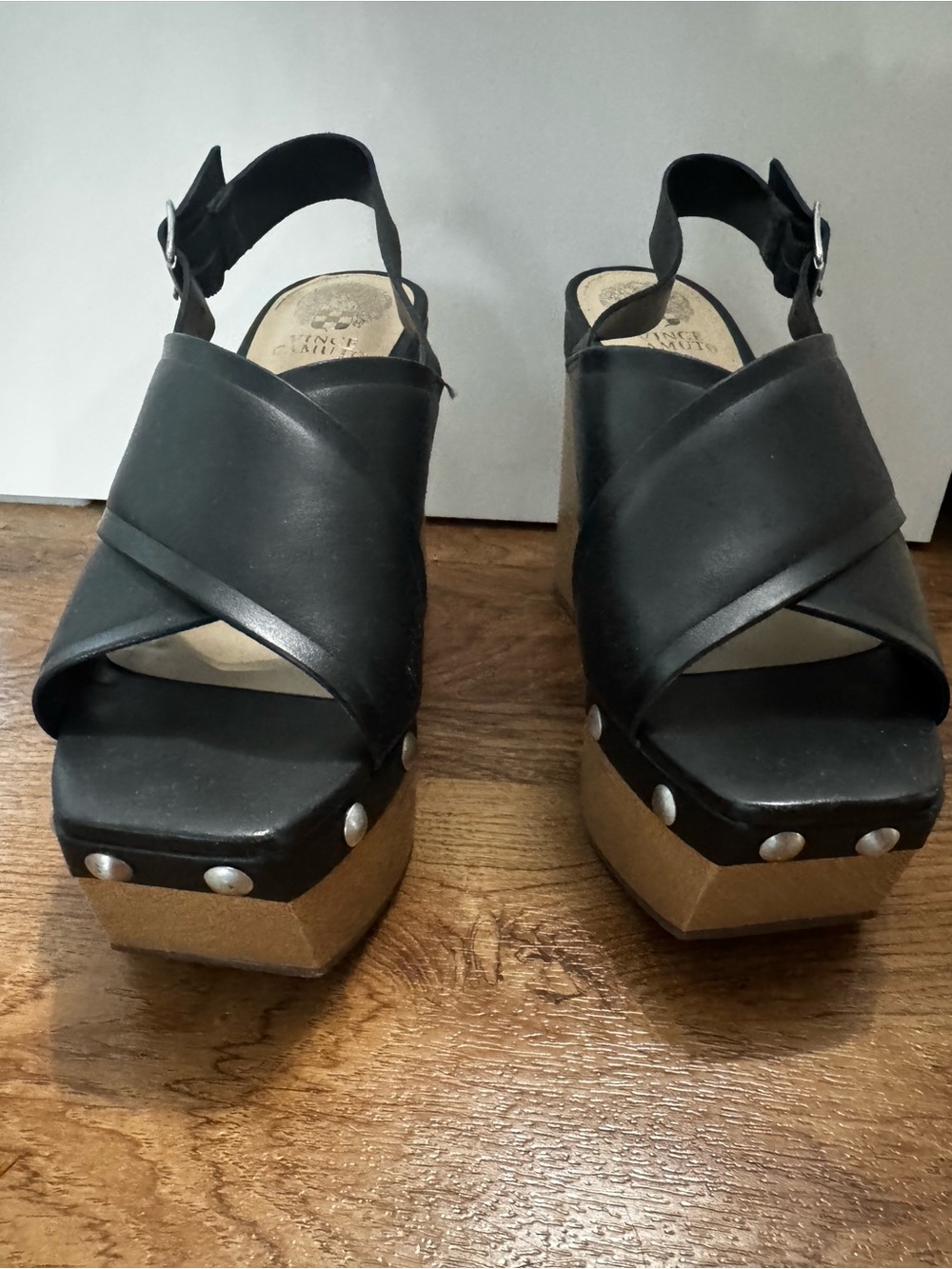 Vince Camuto Black Platform Sandals with Studded Trim and Ankle Strap